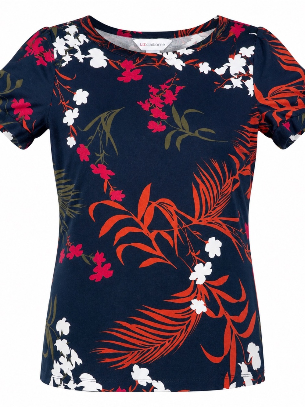 Liz Claiborne Navy Floral Short Sleeve Tee with Red, White, Olive & Pink Accents